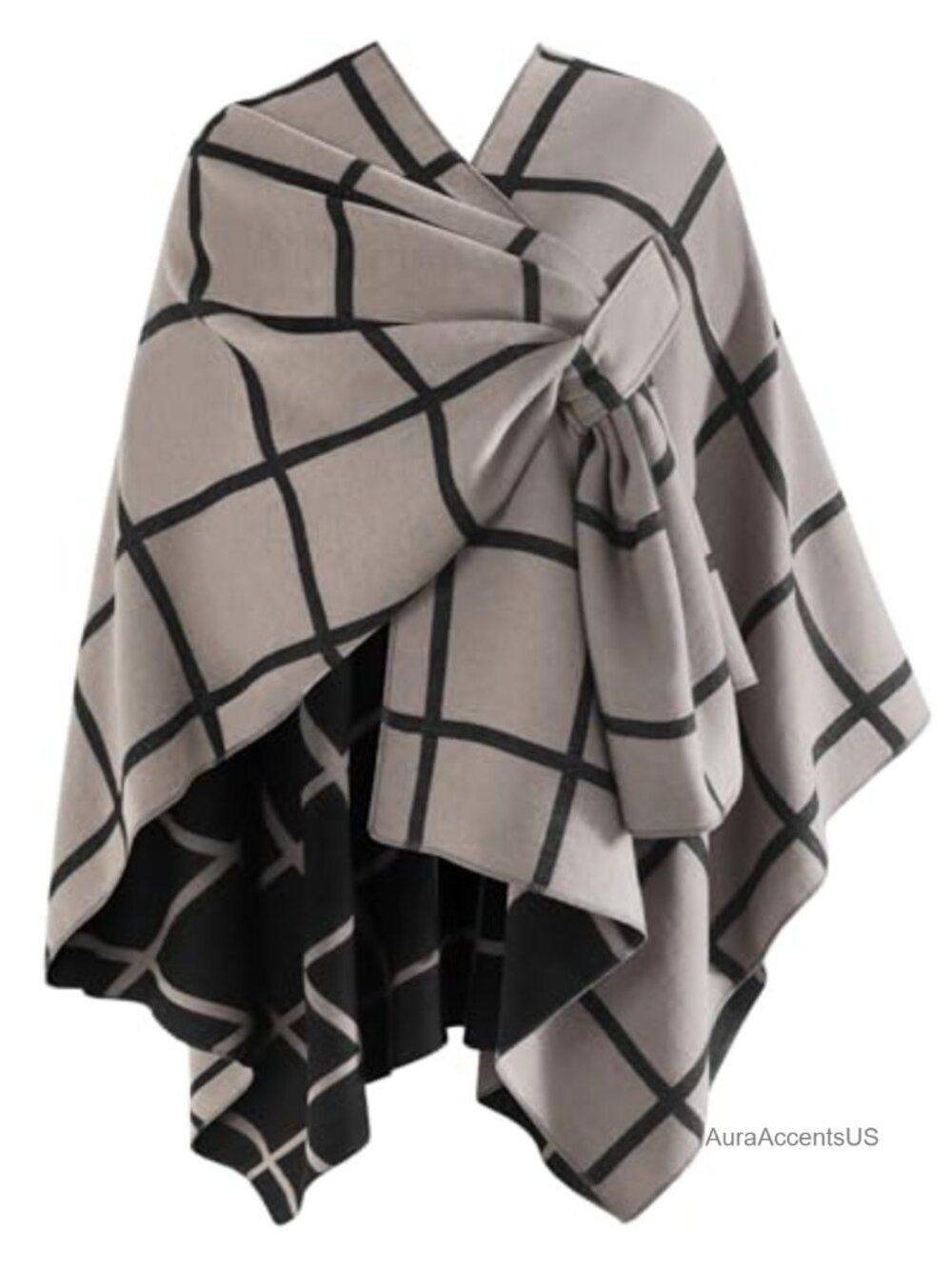 Faux Cashmere Shawl Wrap Open Front Poncho Reversible Check One Size
